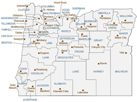 Oregon County Map with County Seat Cities.